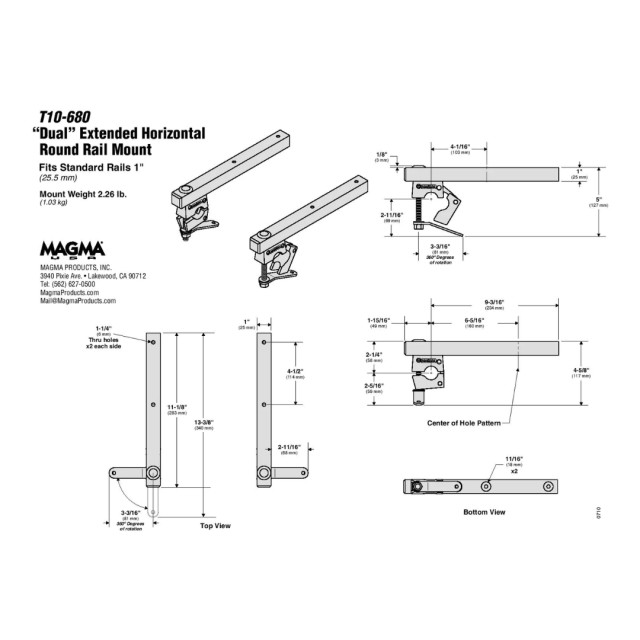 MAGMA Διπλή οριζόντια βαση για ρελι d.22/25mm/Dual Exten. Horizontal Round Rail M.(για monterey, new port & catalina)