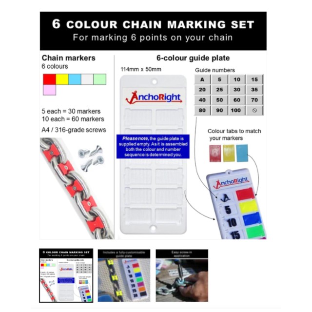 Anchoright™  Chain marking set - 6 colours / 30 markers + 6-position guide plate